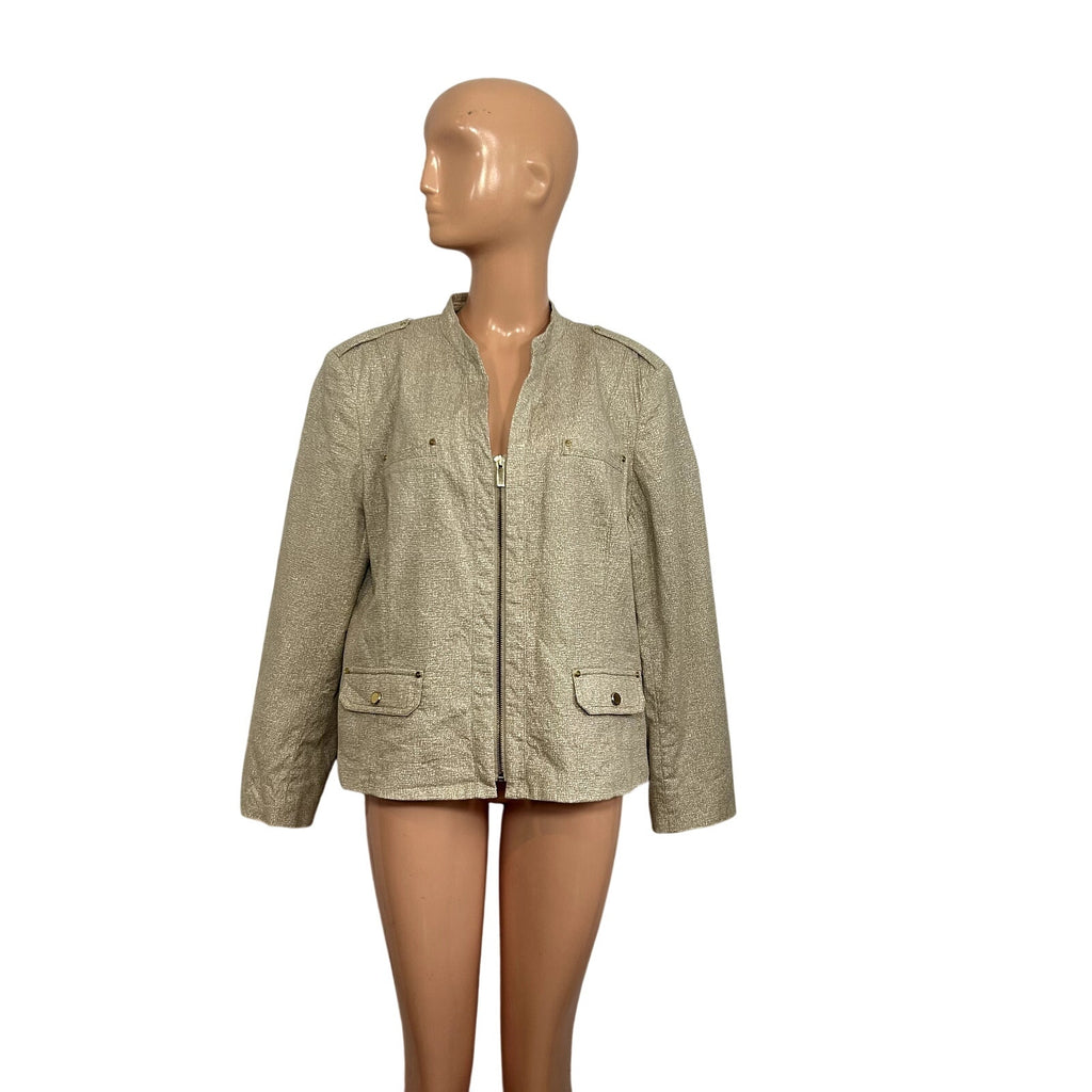 Jones New York Collection 16 Tan Cotton Stretch Moto Peplum Utility Jacket Chic