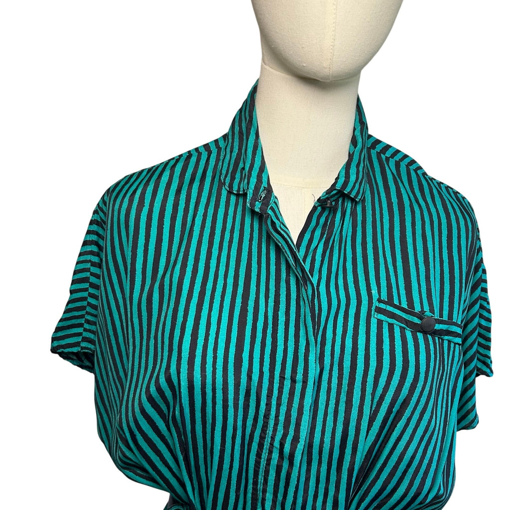 VTG 80s Scarlett Green Black Striped Rayon Midi Dress S Retro Boho Whimsigoth