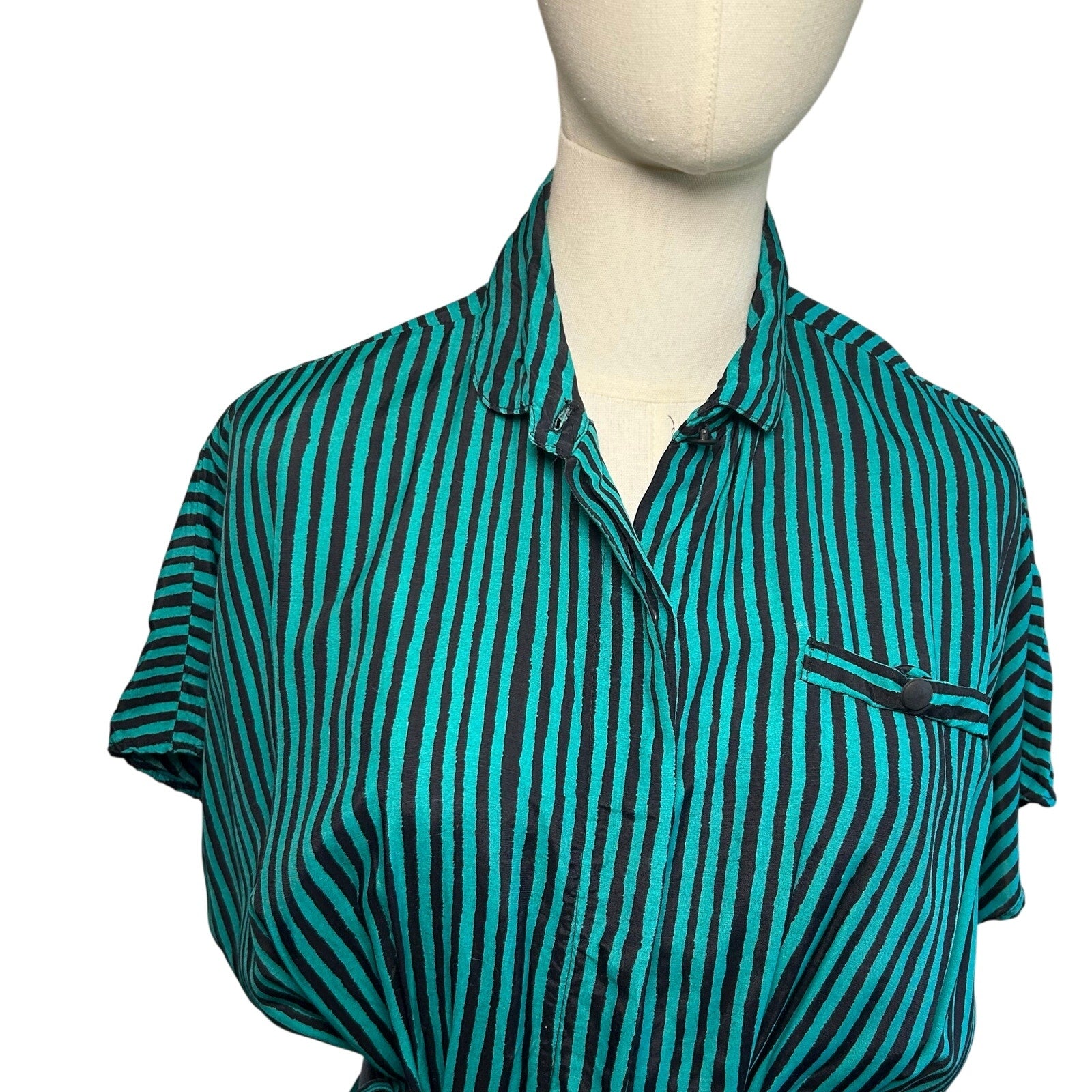 VTG 80s Scarlett Green Black Striped Rayon Midi Dress S Retro Boho Whimsigoth
