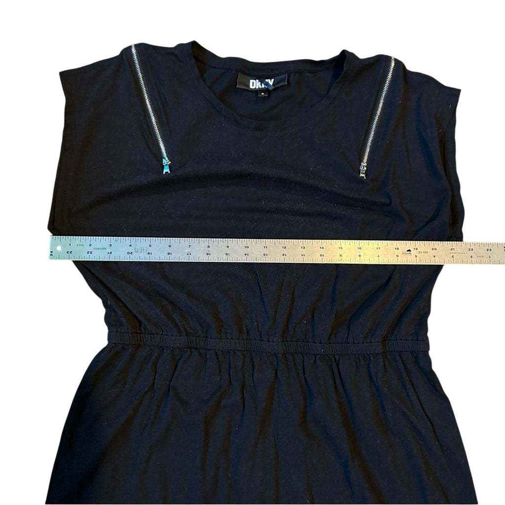 DKNY Black Mini Dress Zipper Shoulder Accents Elastic Waistband Edgy Punk XL
