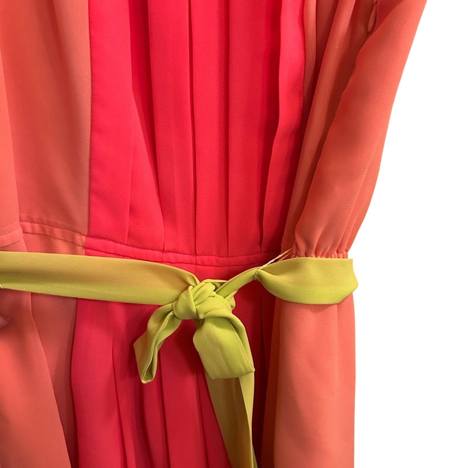 LOFT Colorblock Pleated Midi Dress Pink Coral Neon Green Belt 6 Preppy Retro