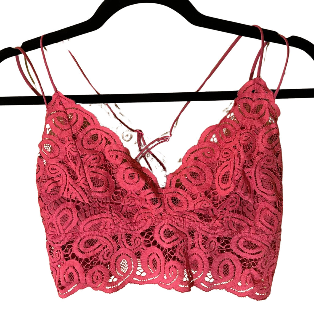 Free People Pink Lace V-Neck Crop Top Cross Back Straps Bralette Boho Women's L