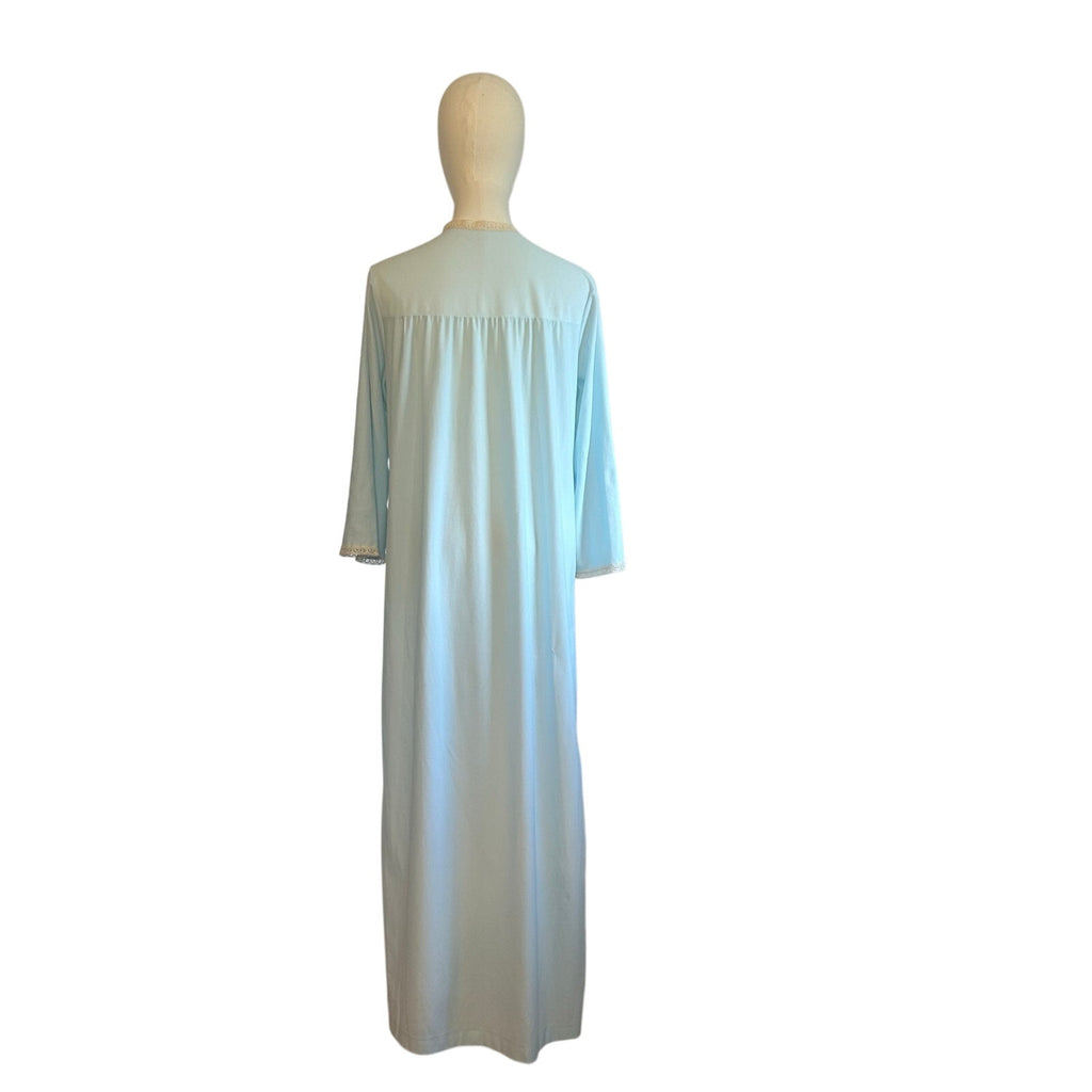 VTG 70s Blue Floral Lace Nightgown Sears XL Nylon Bridal Coquette Romantic Bow