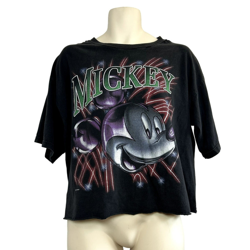 VTG 90s Disney Mickey Unlimited L Black Fireworks T-Shirt Trashed Grunge