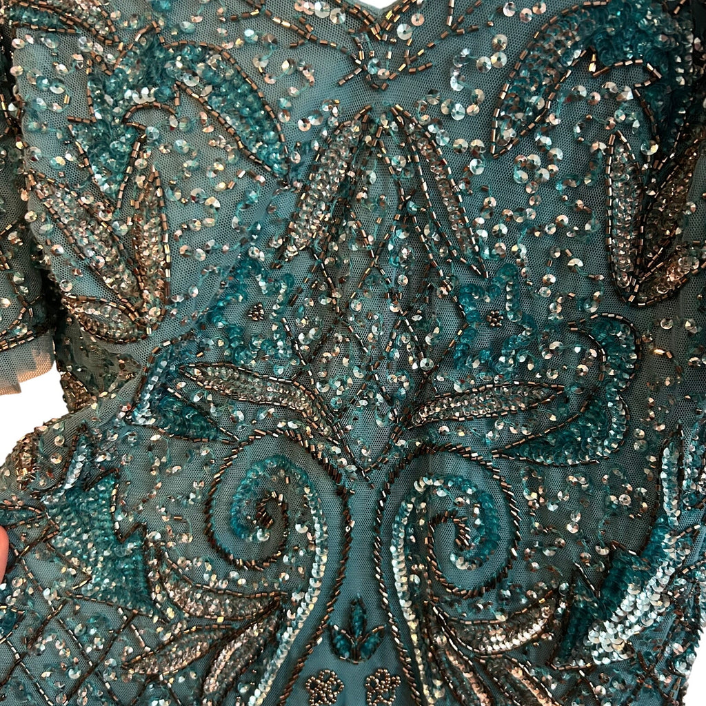 VTG Aidan Mattox Teal Silver Beaded Sequin Cold Shoulder Mini Cocktail Dress 2