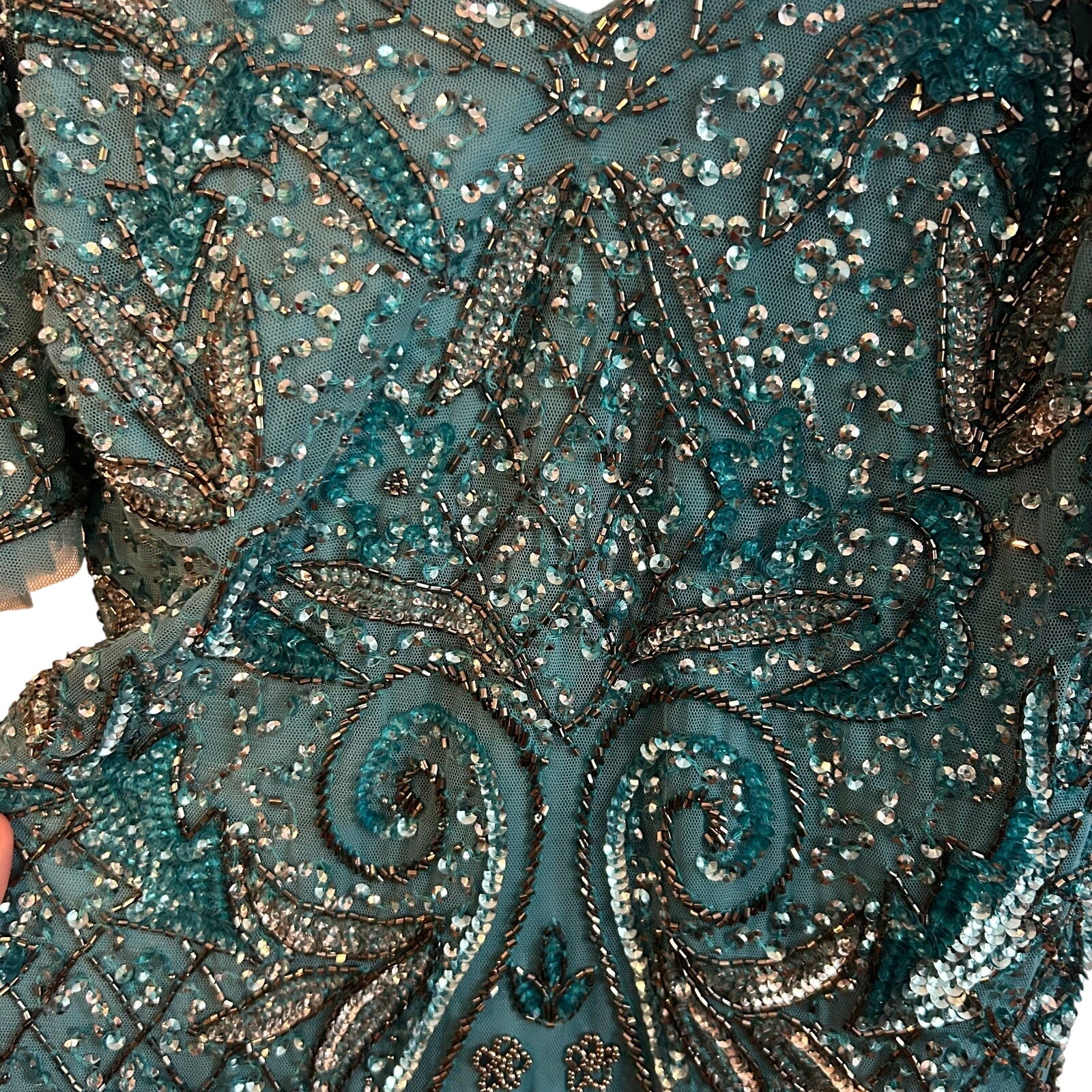 VTG Aidan Mattox Teal Silver Beaded Sequin Cold Shoulder Mini Cocktail Dress 2