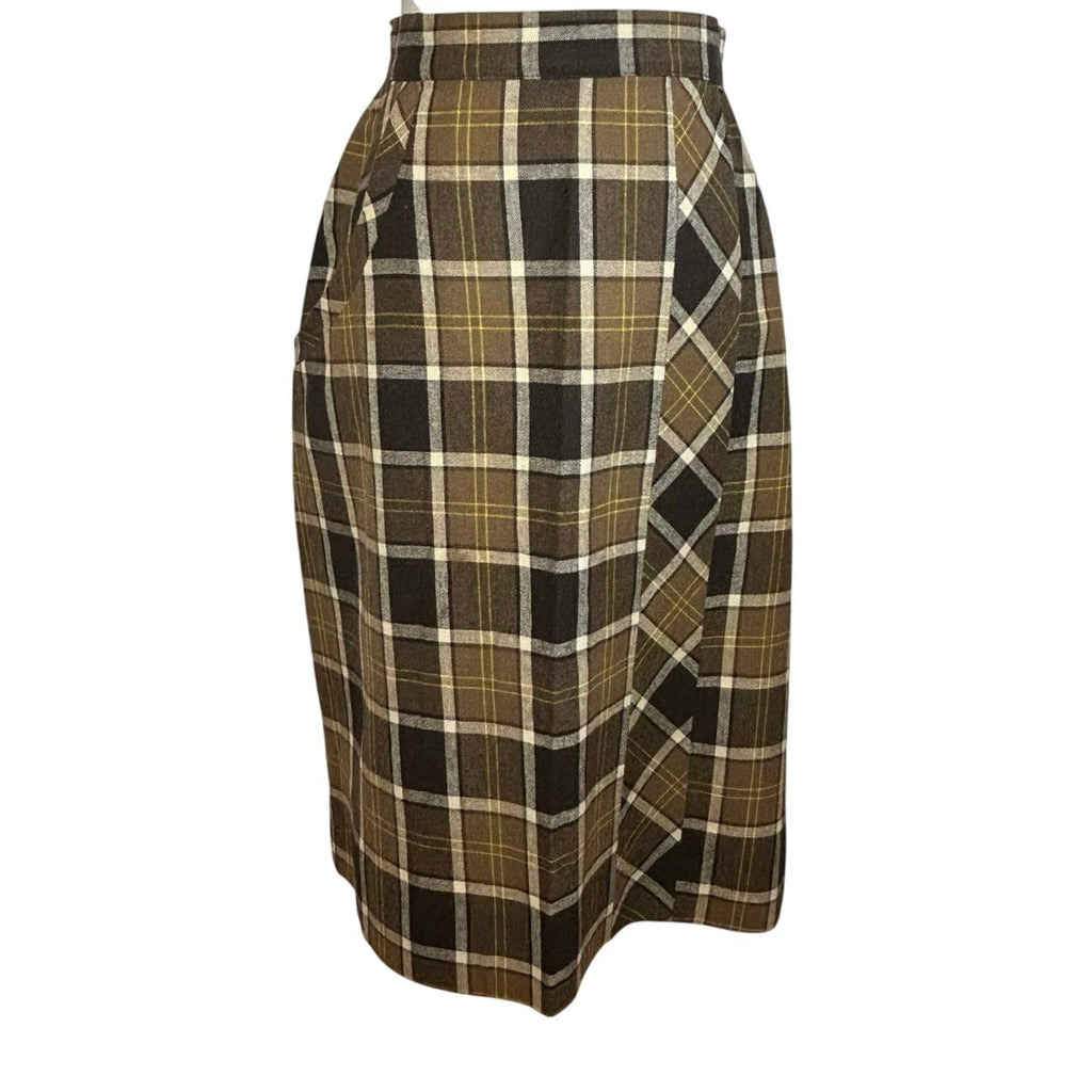 VTG 50s Graff Brown Plaid Wiggle XS Skirt Retro Preppy Dark Academia Twee Casual