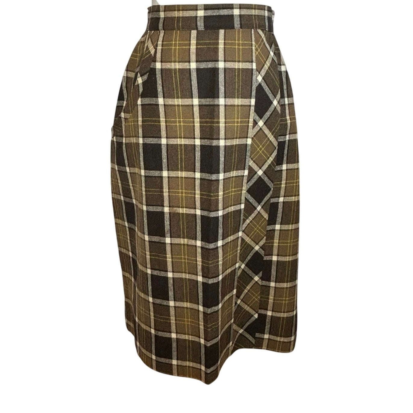 VTG 50s Graff Brown Plaid Wiggle XS Skirt Retro Preppy Dark Academia Twee Casual
