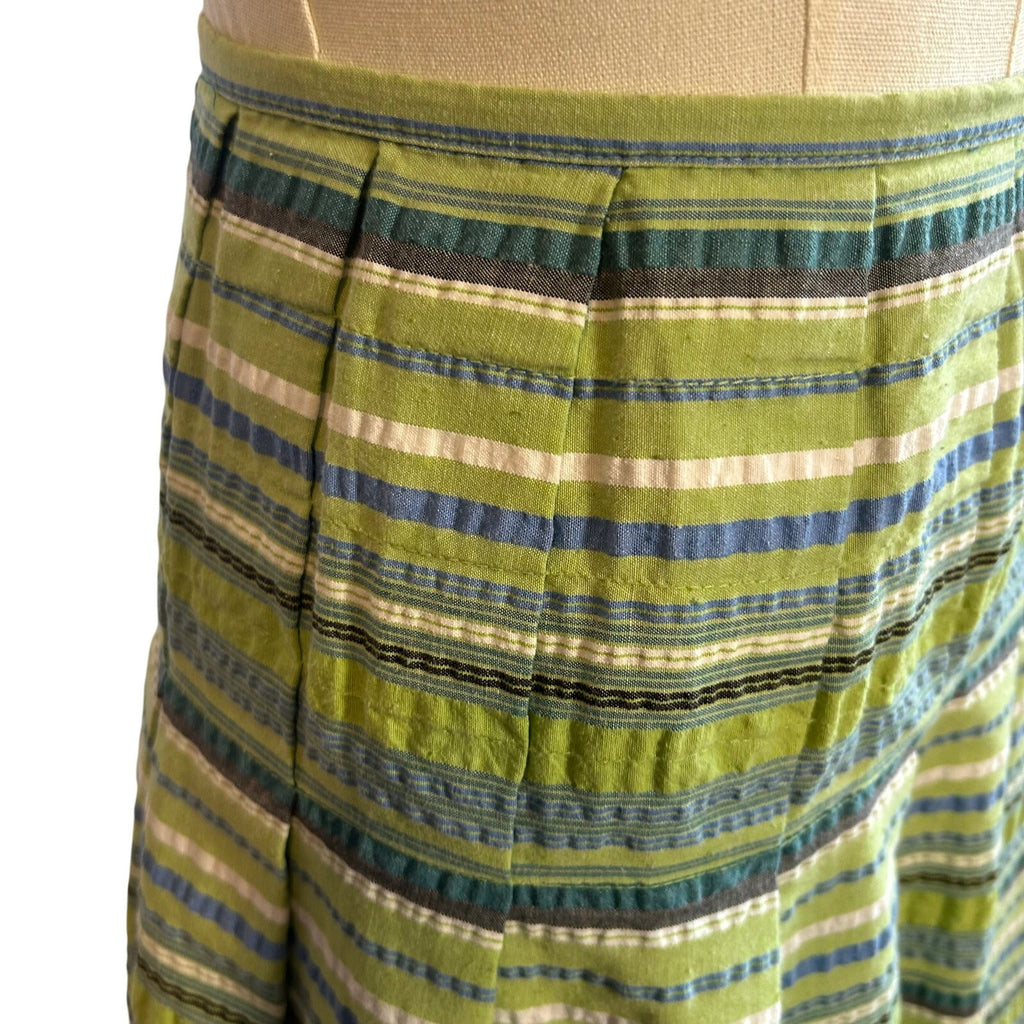 VTG 90s Green Seersucker Cotton Blend Lined Midi Skirt 8 Preppy Retro Cottage