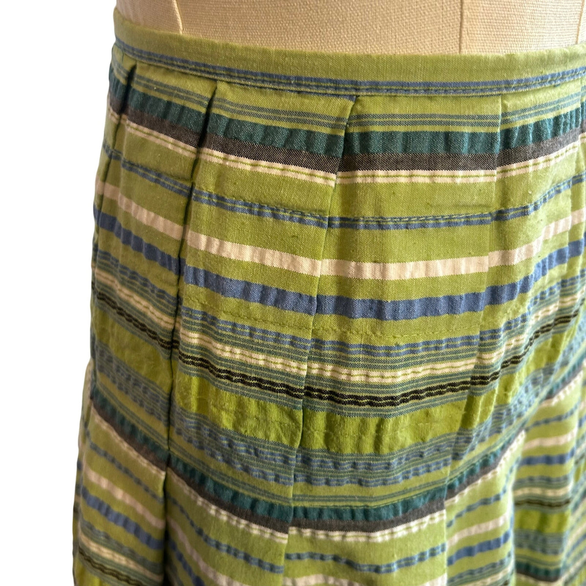 VTG 90s Green Seersucker Cotton Blend Lined Midi Skirt 8 Preppy Retro Cottage