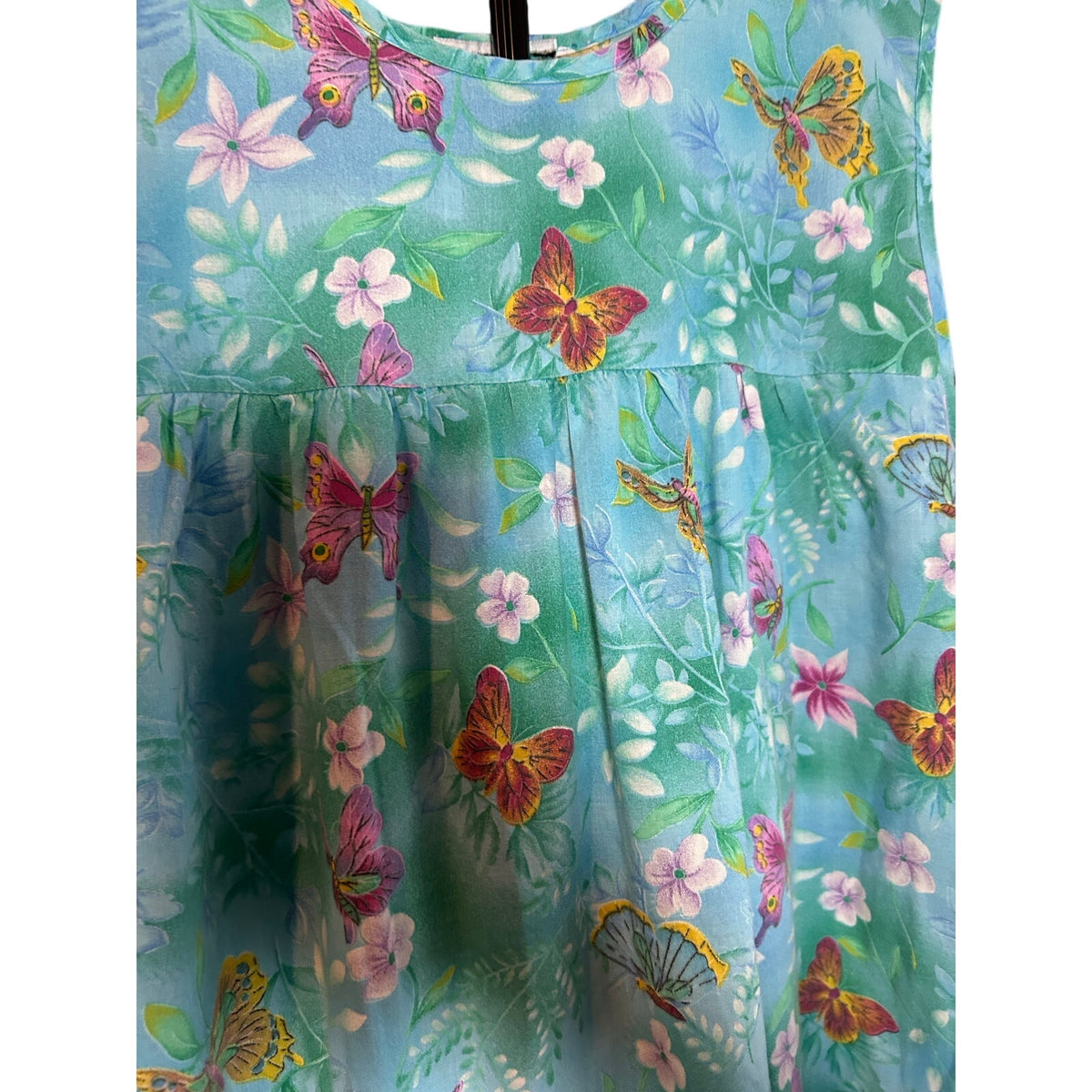 VTG Butterfly Floral Cotton Feel House Dress Blue Green XL Single Side Pocket