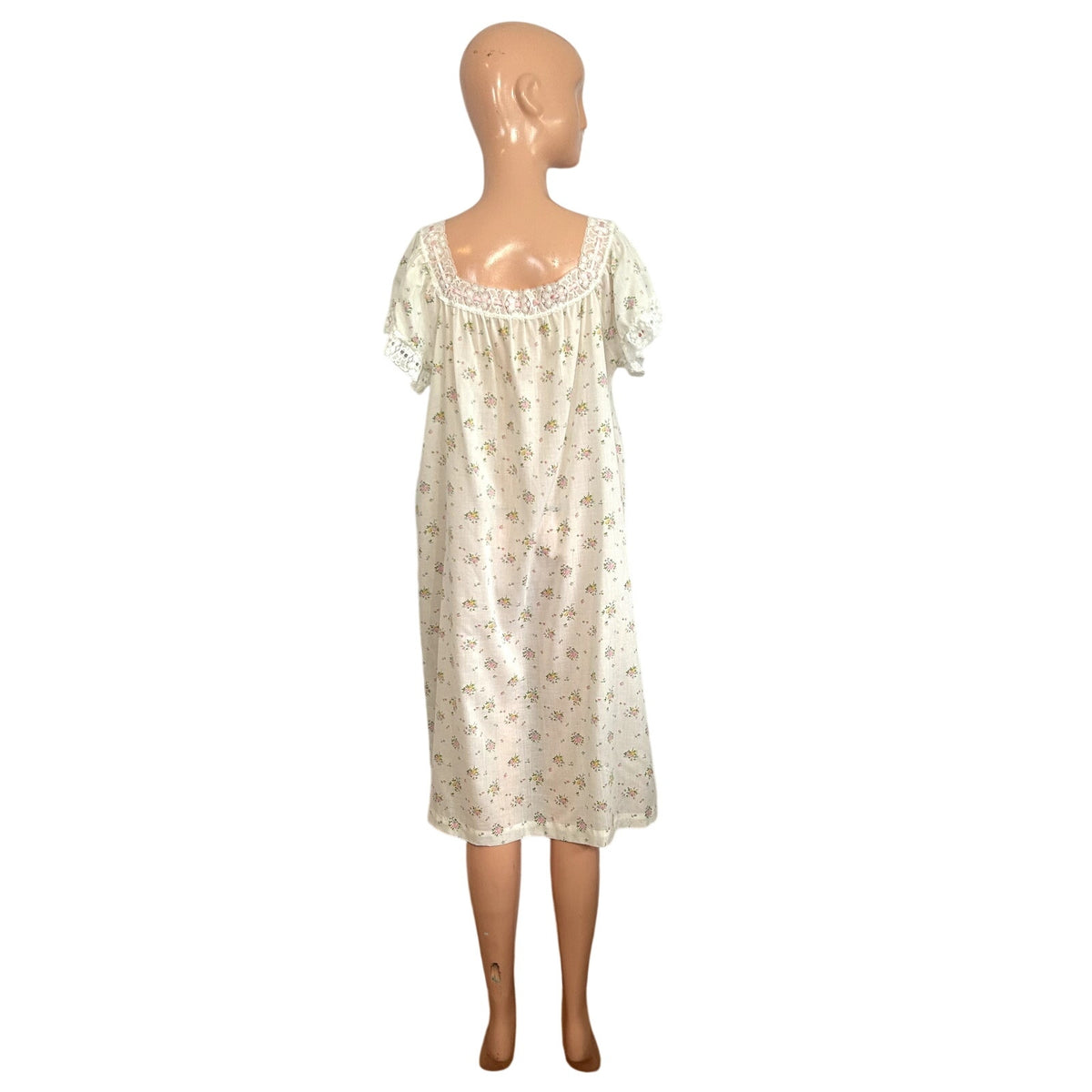 VTG 70s M/L White Pink Floral Cotton A-Line Nightgown Cottagecore Prairie Lace