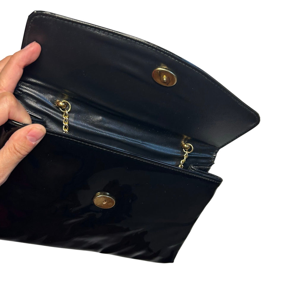 VTG 70s Patent Leather Black Gold Chain Convertible Clutch Shoulder Bag Purse