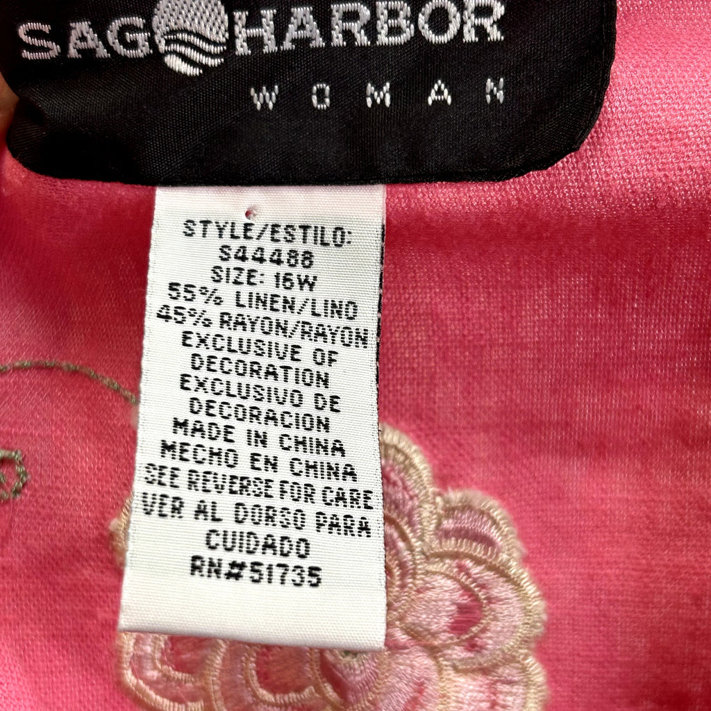 VTG 90s Sag Harbor 16W Pink Shirt Floral Embroidery Linen Rayon Grandma Cottage