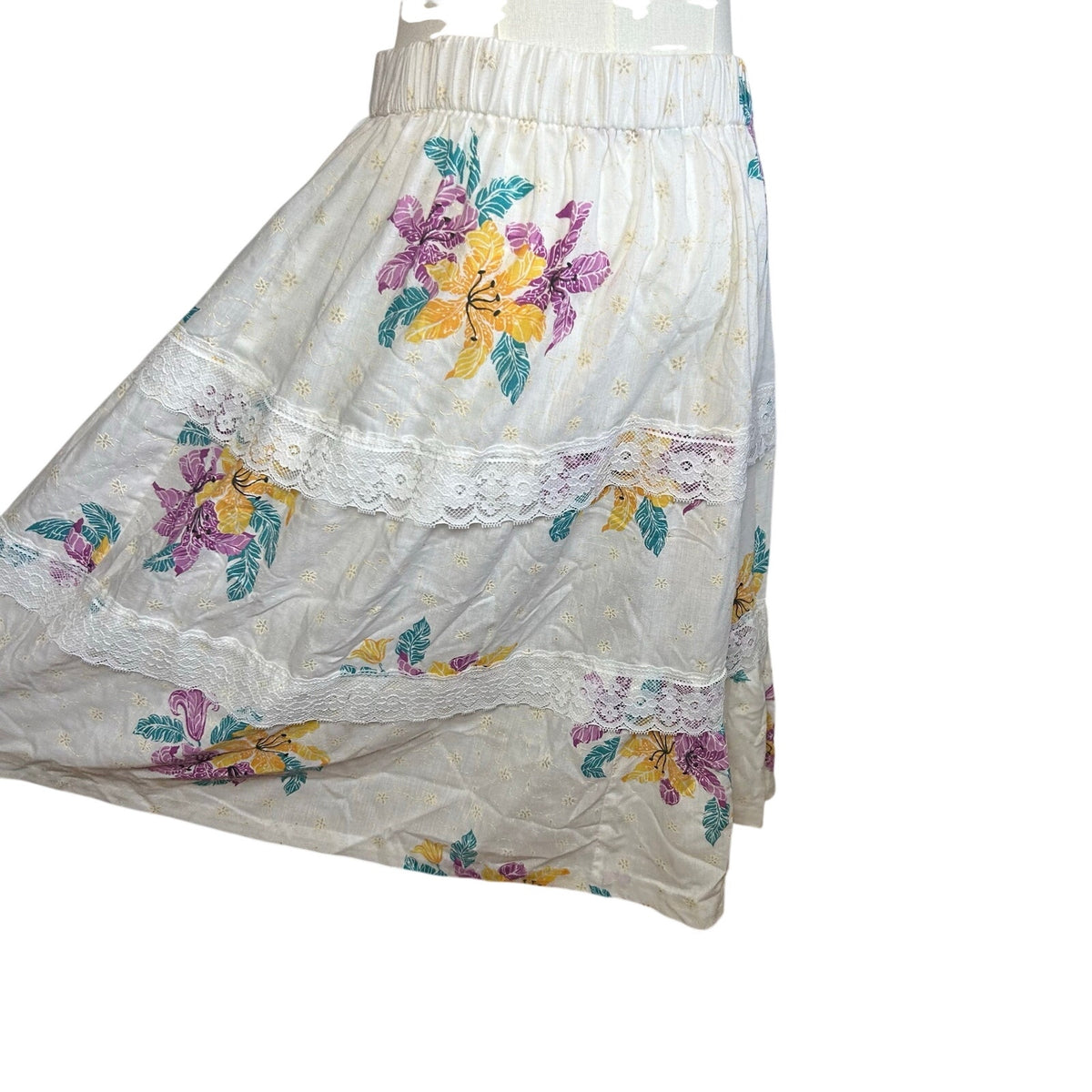 VTG 80s White Floral Broomstick Skirt M L Hawaiian Boho Cottage Fairy Retro