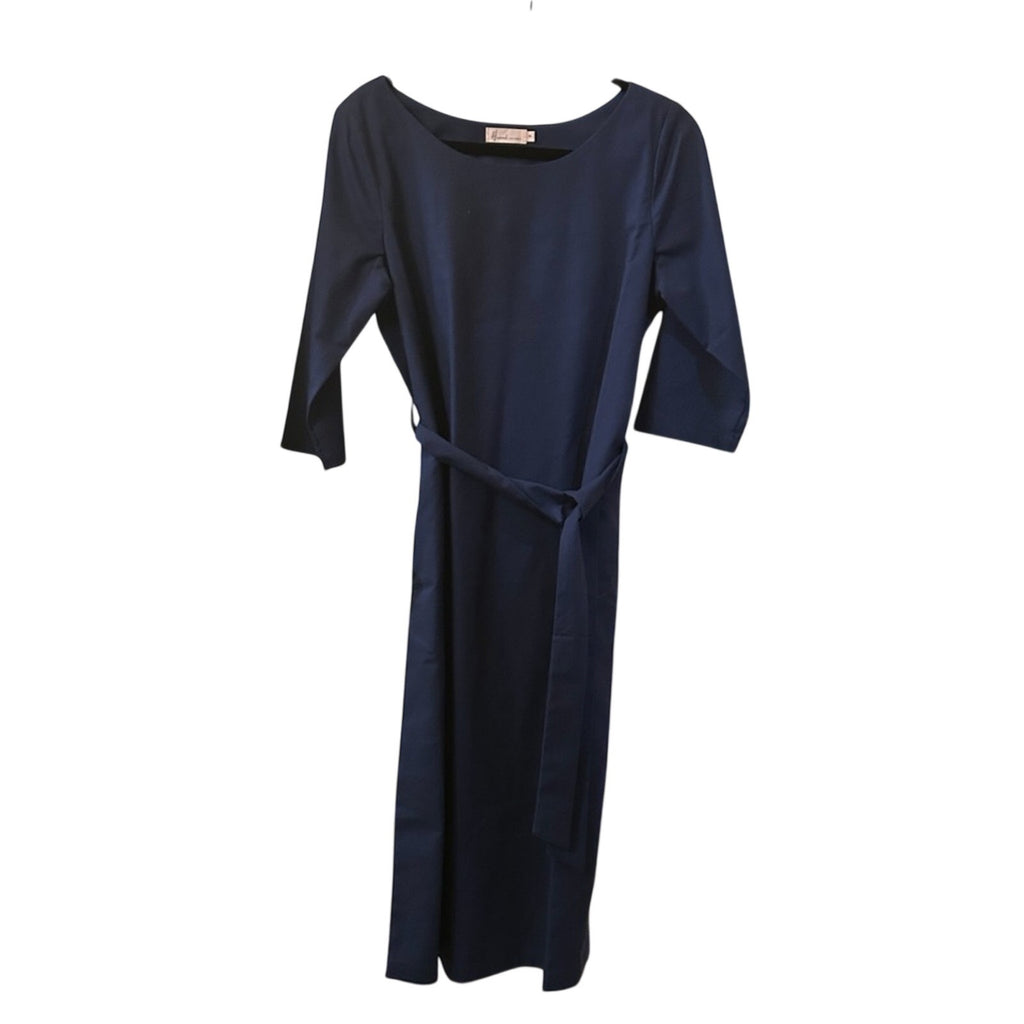 Hannah Canvas Signature Linen Belted Midi Dress Navy Blue Made in Canada Size M