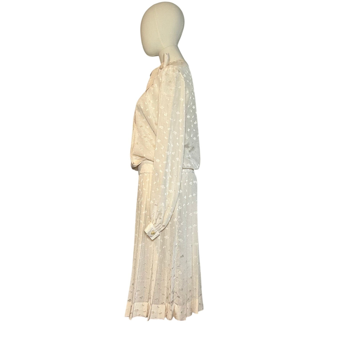 VTG 70s White Pussy Bow Pleated M Midi Dress Retro Twee Preppy Coquette Wedding