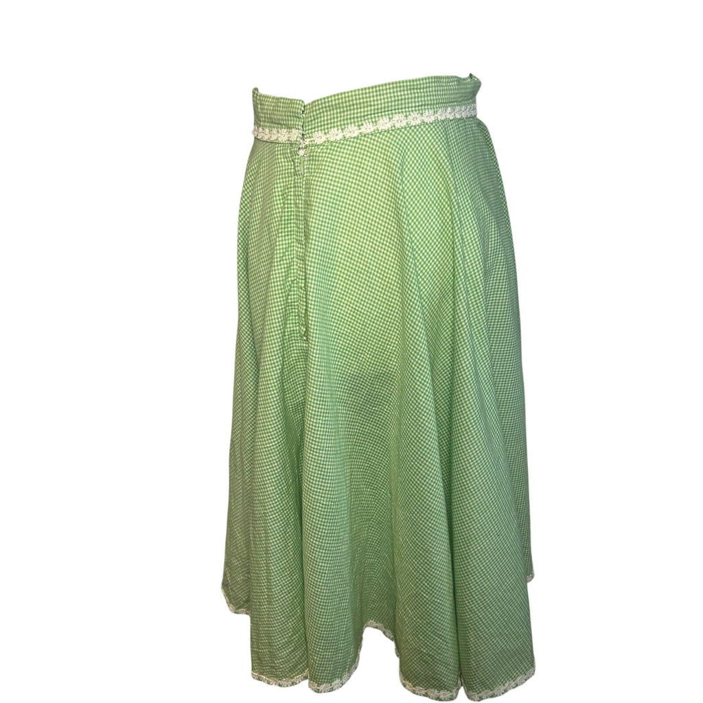 VTG 50s Green Gingham Midi Skirt Daisy Trim Rockabilly Medium Retro Western Boho