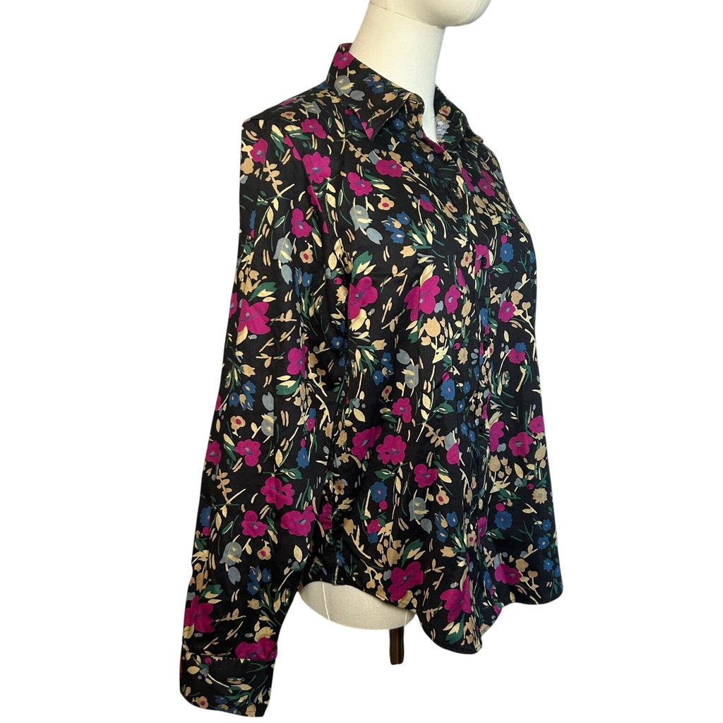 Lauren Ralph Lauren Floral Non-Iron Button Down Shirt Medium Black Pink Career