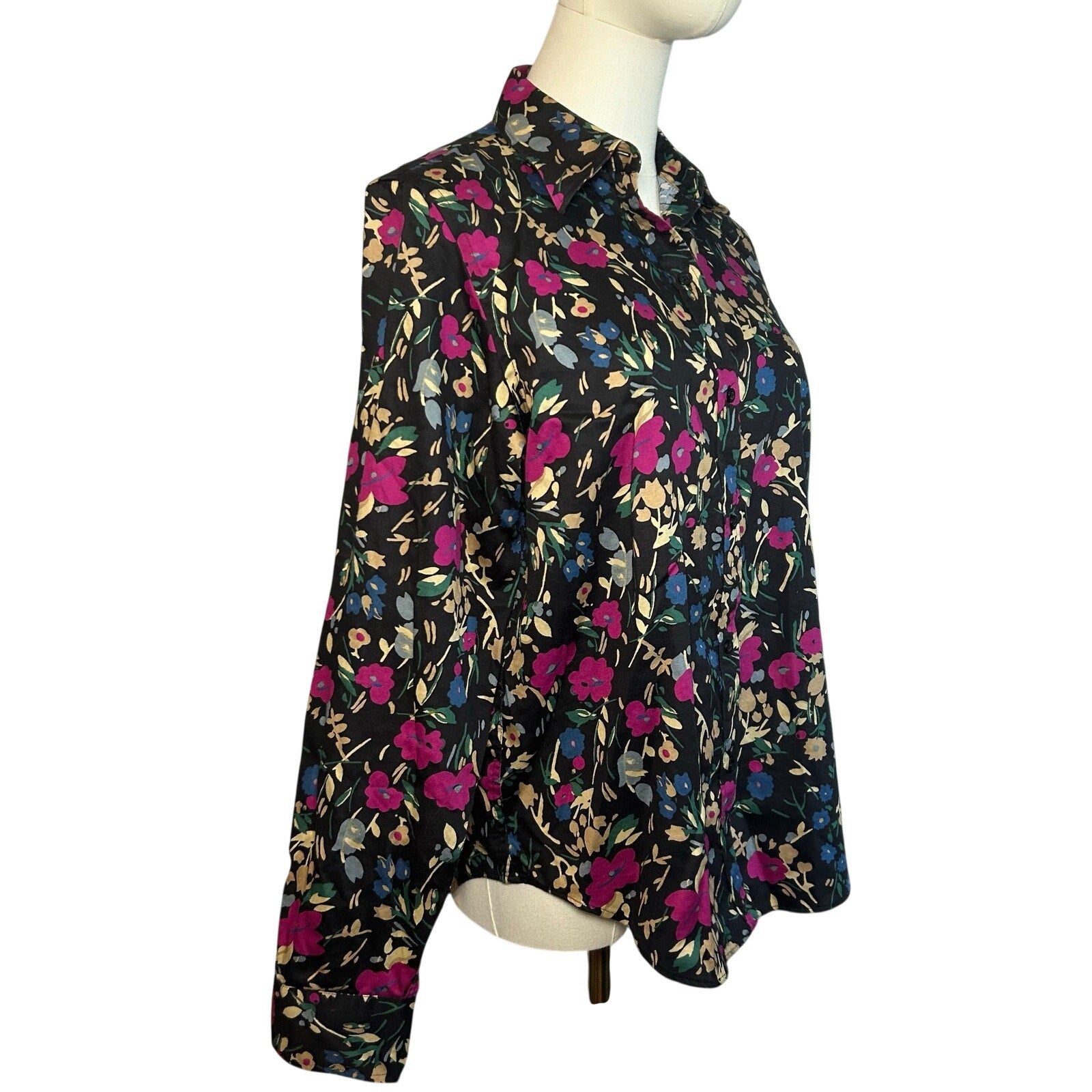 Lauren Ralph Lauren Floral Non-Iron Button Down Shirt Medium Black Pink Career
