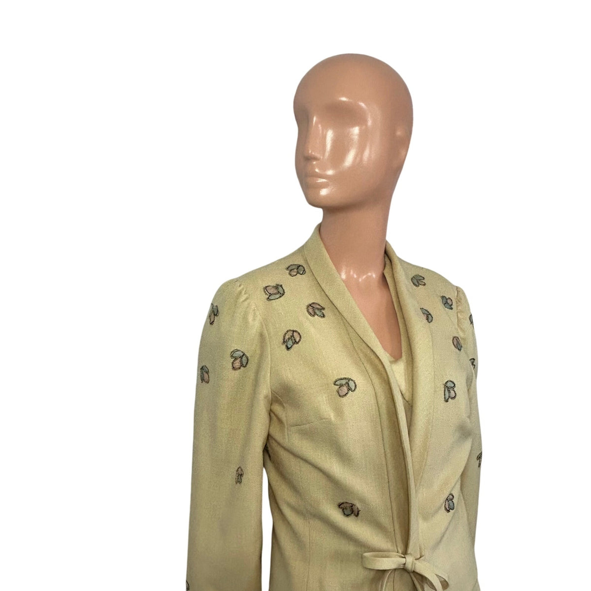VTG 50s Hartnell Yellow Silk Applique Linen S Jacket Dress Set Feminine Wedding