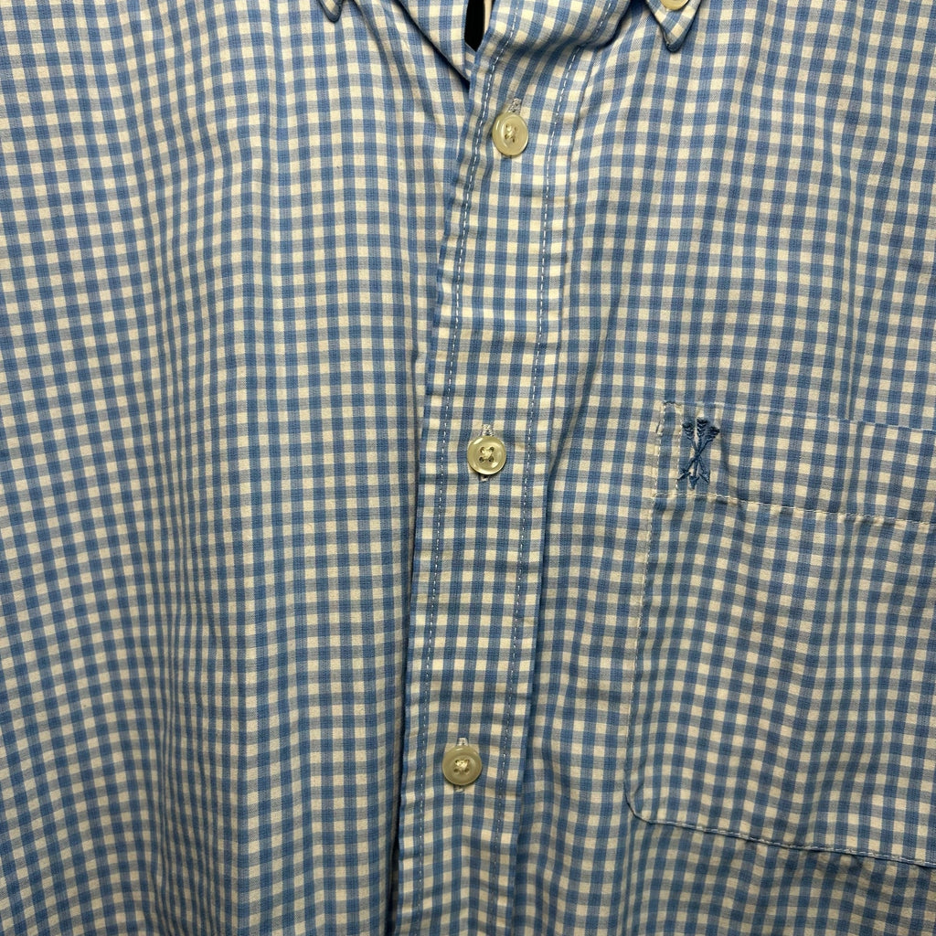 VTG Y2K Arrow Light Blue Gingham Plaid Short Sleeve Button Down Shirt Basics