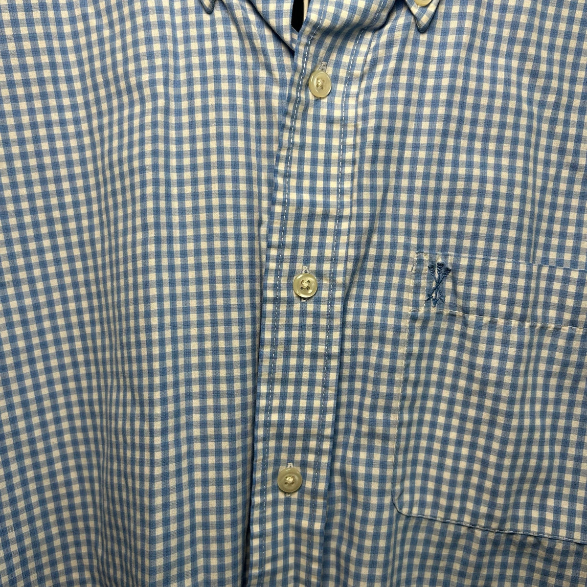 VTG Y2K Arrow Light Blue Gingham Plaid Short Sleeve Button Down Shirt Basics