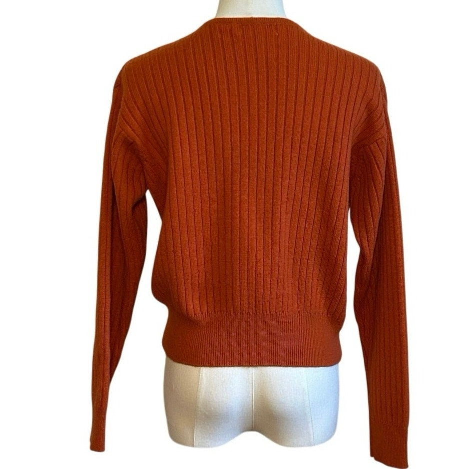 VTG 70s Liz Claiborne Orange Wool Crewneck Pullover Sweater M Cable Knit Cottage