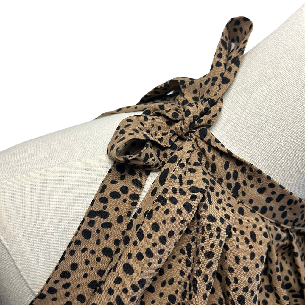 Brown Leopard Print S Top Pussy Bow Halter Neckline Y2K Boho Preppy Office Siren
