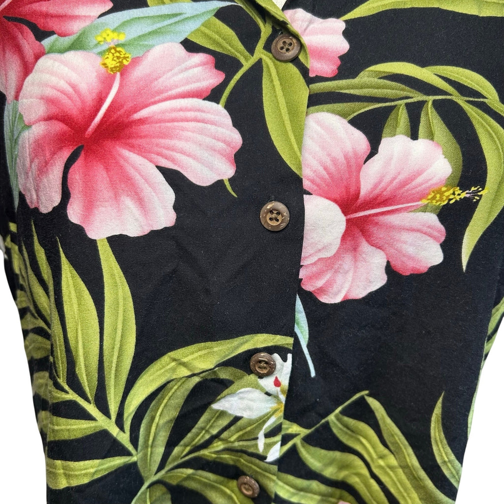 VTG 90s Puanani Hawaiian Shirt Black Floral Medium Tropical Boho Casual Indie