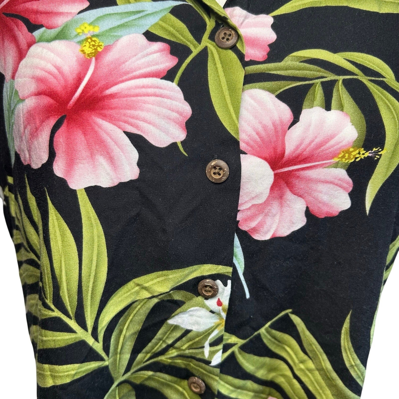 VTG 90s Puanani Hawaiian Shirt Black Floral Medium Tropical Boho Casual Indie