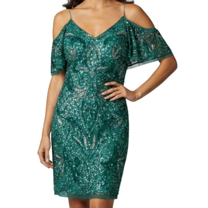 VTG Aidan Mattox Teal Silver Beaded Sequin Cold Shoulder Mini Cocktail Dress 2