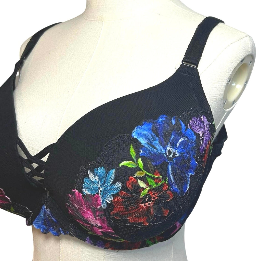 Torrid Curve Black Floral Mesh 360 Back Smoothing Push-Up Plunge Bra 44D Goth