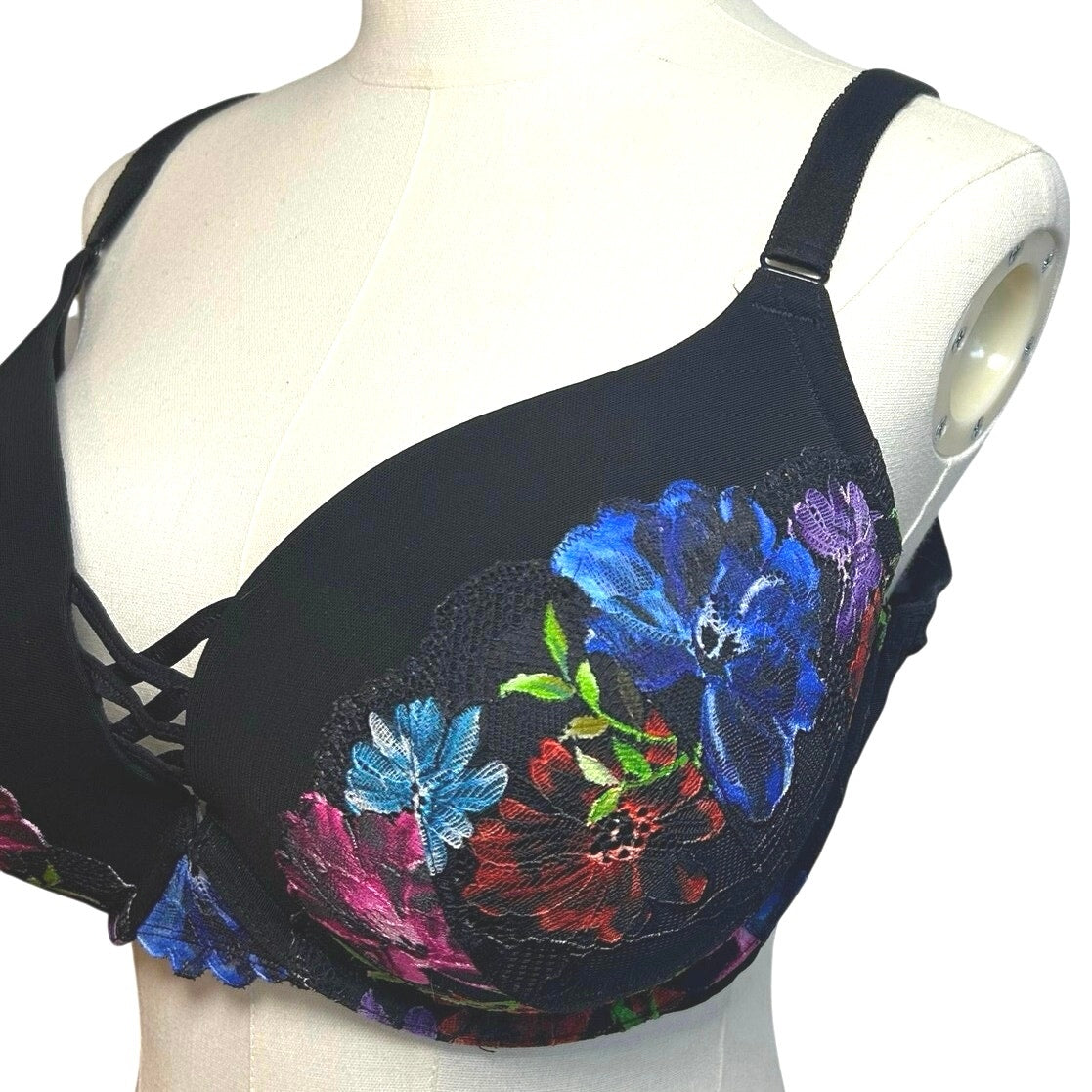Torrid Curve Black Floral Mesh 360 Back Smoothing Push-Up Plunge Bra 44D Goth