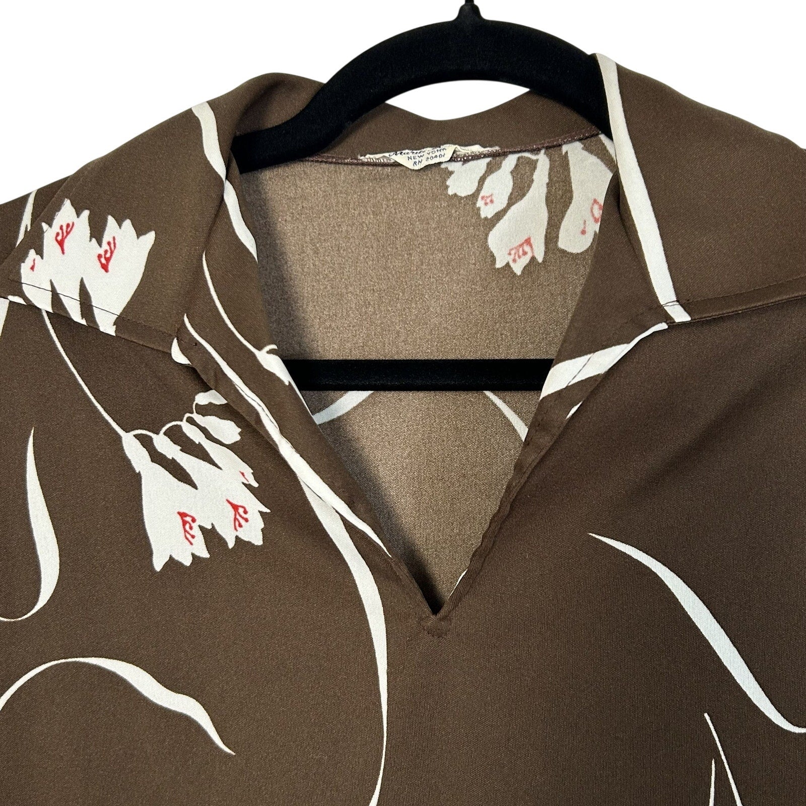 VTG 70s Mardi Modes New York Brown Floral Knit V-Neck Short Sleeve Top Medium