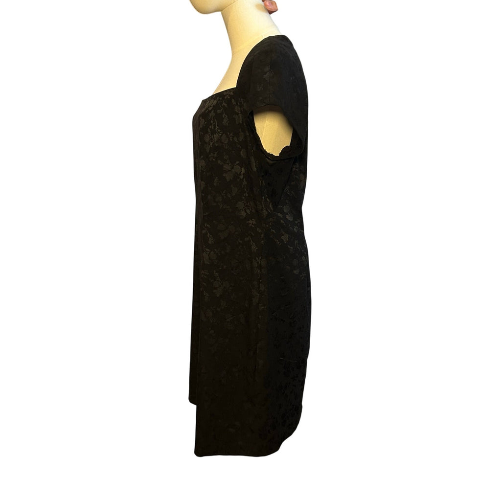 VTG 90s CDC Caren Desiree Black Floral Jacquard Dress Square Neck Midi Size 14