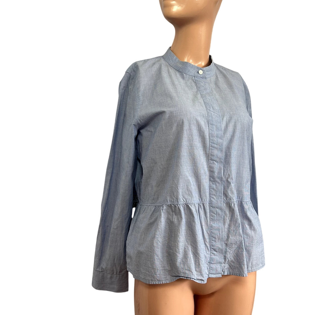 Madewell M Blue Top Mandarin Peplum Hem Minimalist Casual Monochrome Chambray