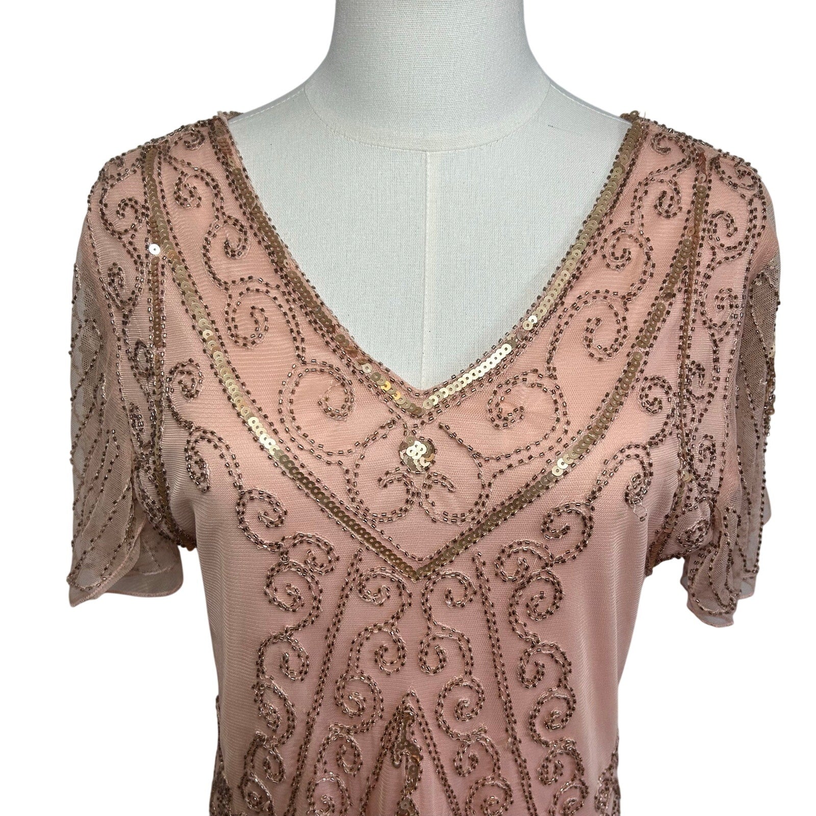 Pink Beaded Sequin Flapper Dress PS Fringe 1920s Style Art Deco Costume Party