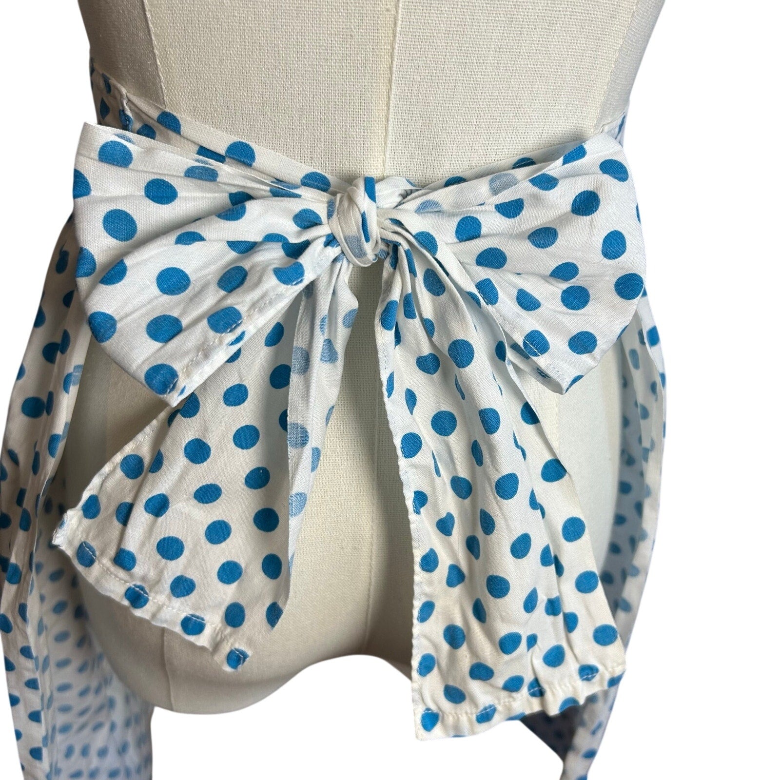 VTG Blue White Cotton Apron Handmade Pocket Polka Dot Cottage Retro Western Boho