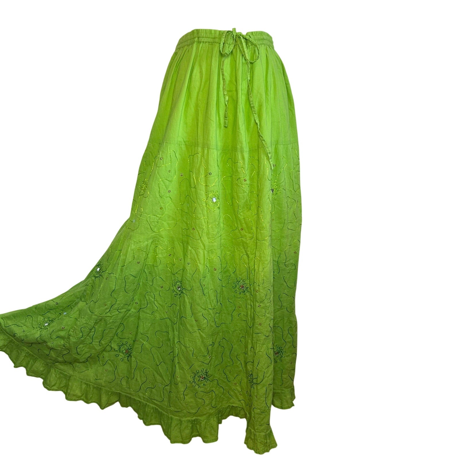 Green Ombre Broomstick L Maxi Skirt Sequin Embroidered Y2K Boho Fairy Grunge