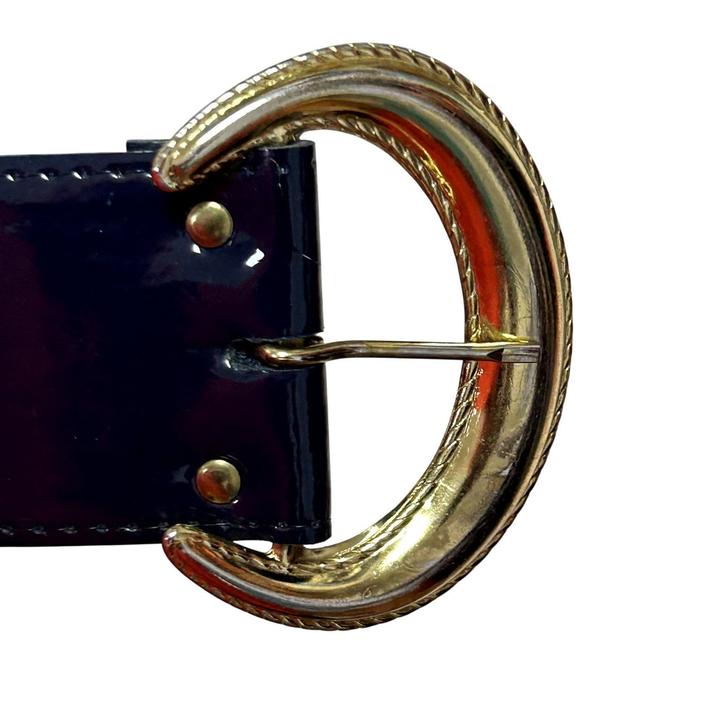 VTG 80s Glam Blue Belt Gold Crescent Buckle Patent Leather Retro Office Siren