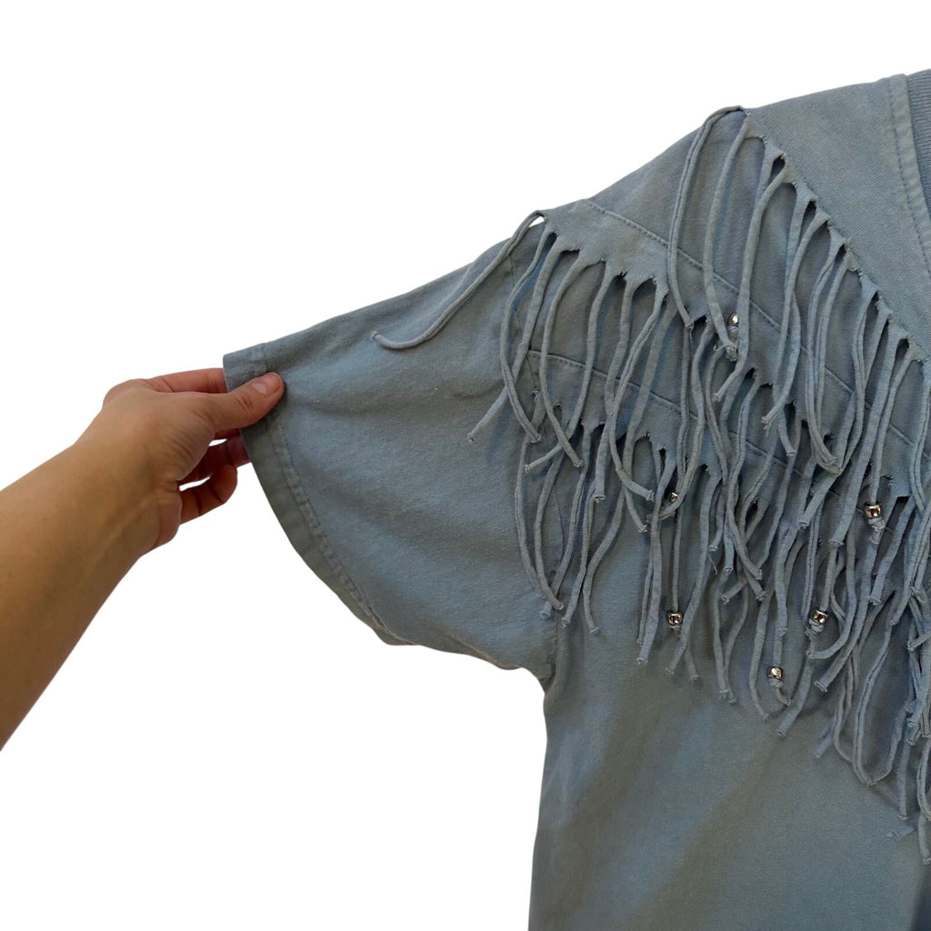 VTG Ever Blue Blue Fringe Beaded One Size Whimsygoth Western Boho V-Neck Tee