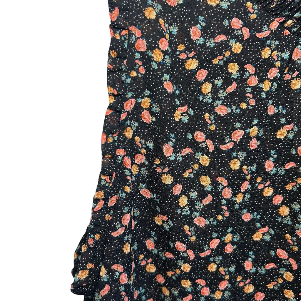 Black Pink Floral Sleeveless Mock Neck M Smocked Top Ruffle Y2K Romantic Goth