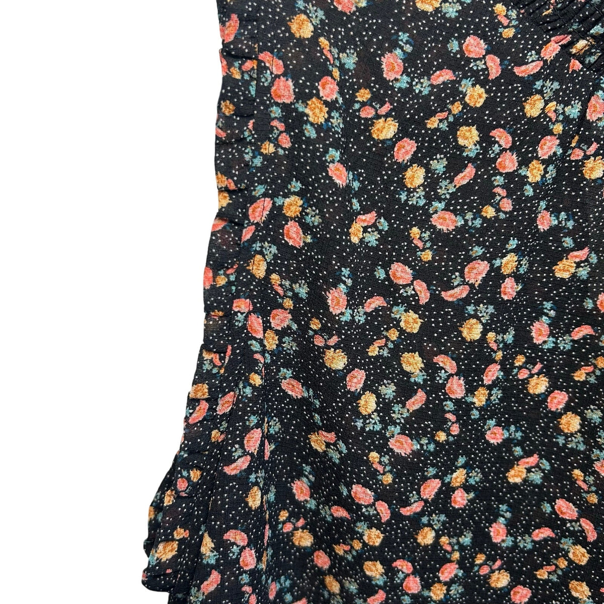Black Pink Floral Sleeveless Mock Neck M Smocked Top Ruffle Y2K Romantic Goth