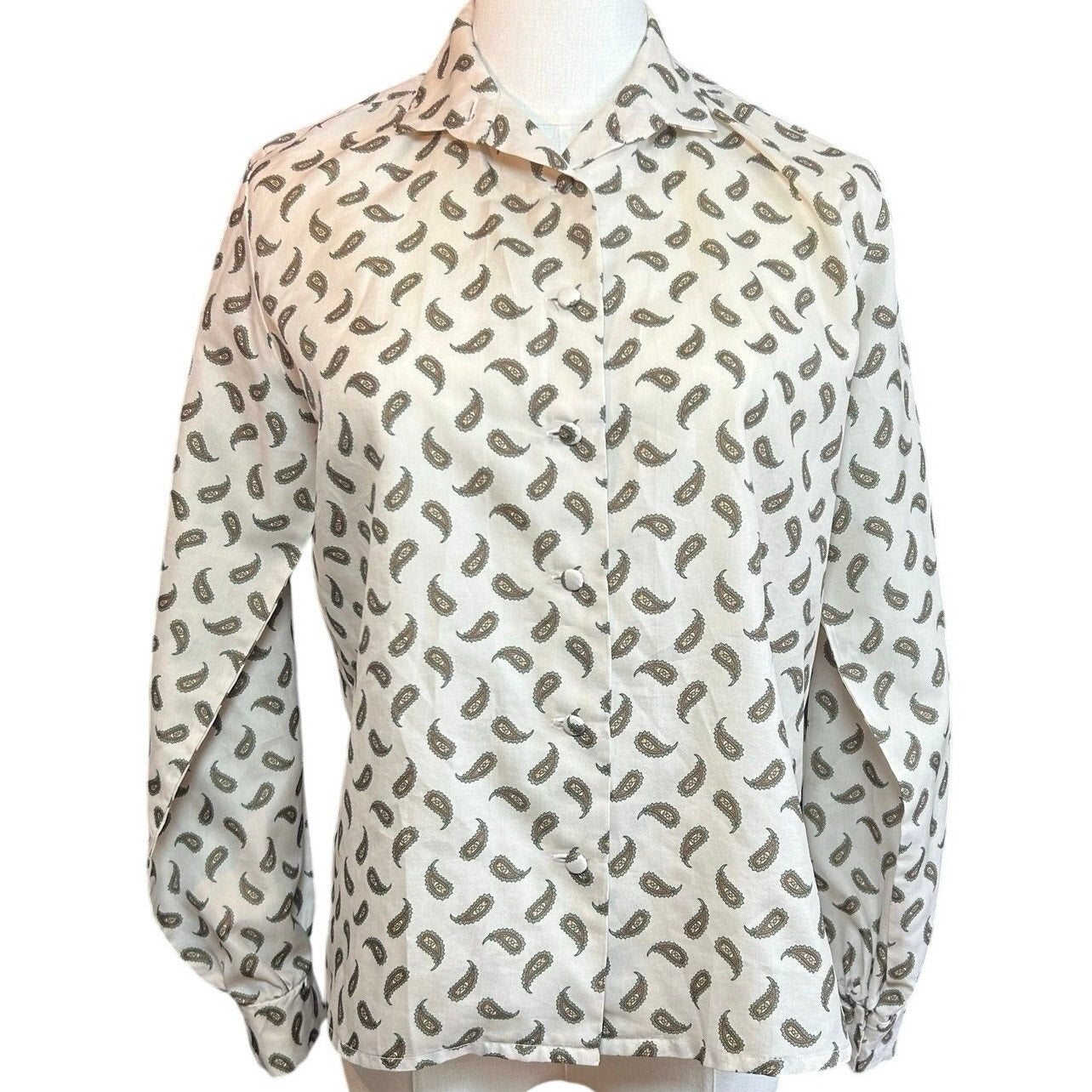 VTG 90s Handmade White Green Paisley Print Top Cloth Buttons Whimsigoth Boho
