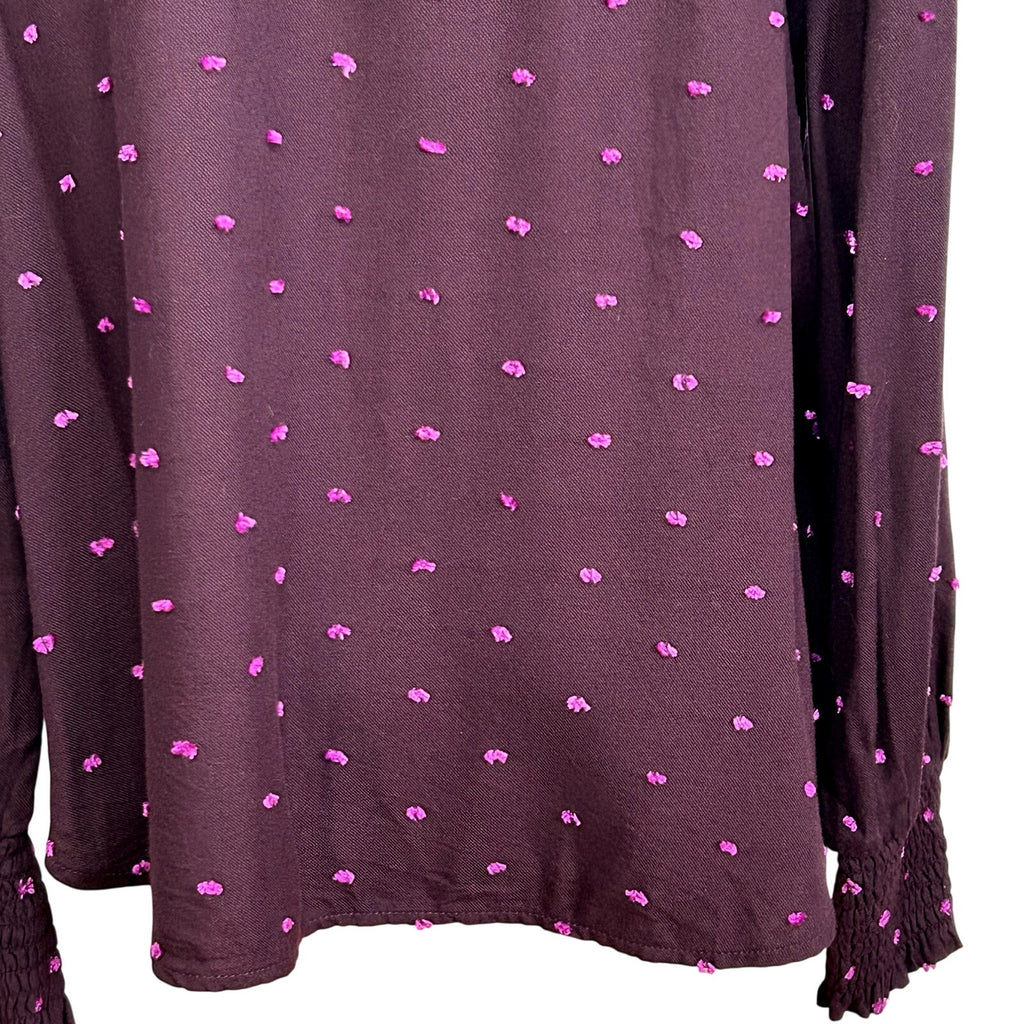 LOFT M Purple Blouse Swiss Dot Smocking Coquette Ruffle Feminine Chic Clown Boho