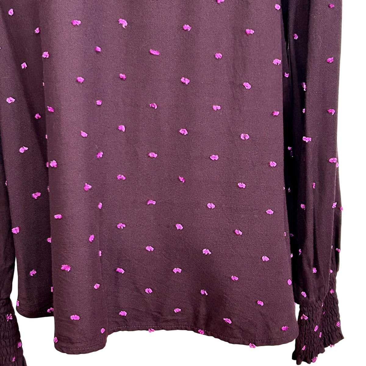 LOFT M Purple Blouse Swiss Dot Smocking Coquette Ruffle Feminine Chic Clown Boho