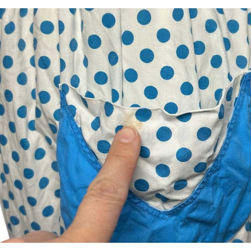 VTG Blue White Cotton Apron Handmade Pocket Polka Dot Cottage Retro Western Boho