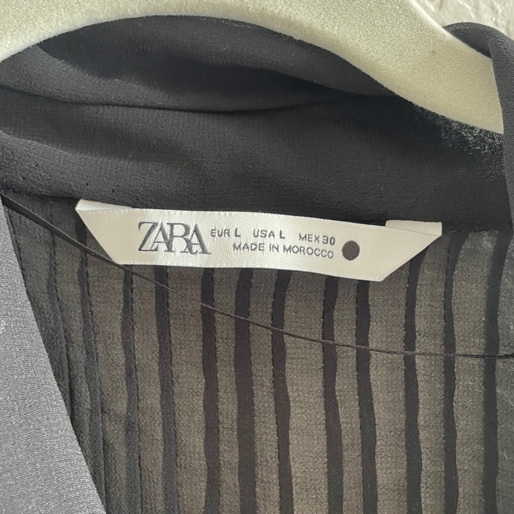 Zara Pleated Tie Neck Blouse Black Sheer Chiffon Pussy Bow Shirt Woman Large L