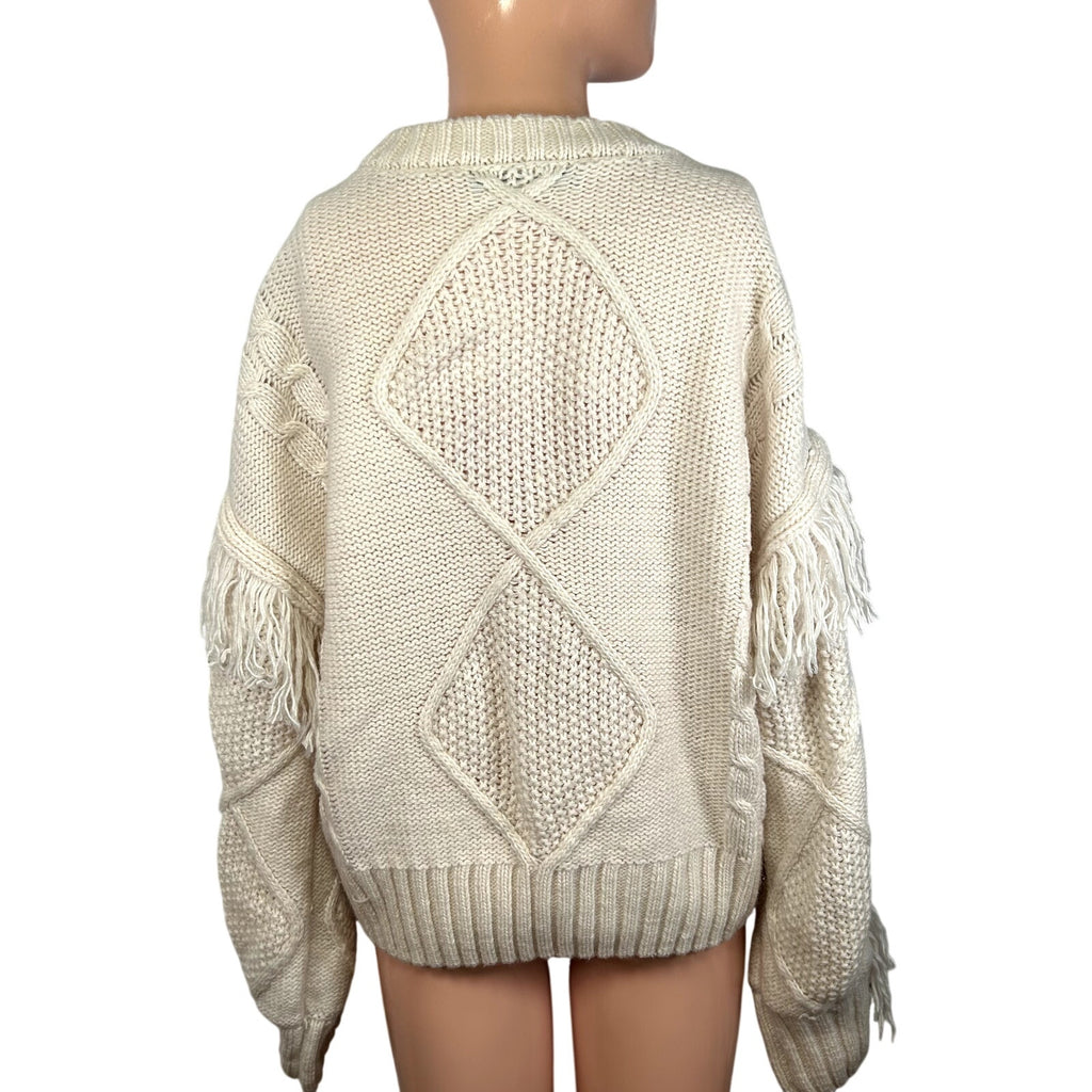 SugarLips M White Knit Fair Isle Fringe Fisherman Sweater Boho Chic Cottage